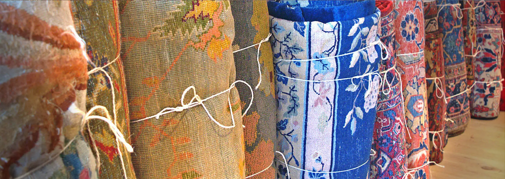 Close-up of antique oriental carpets in Haliden’s showroom